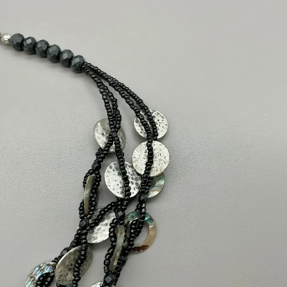 Coldwater Creek Necklace Black Multi Strand Abalone Shell Silver Tone Statement